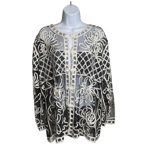 Vintage Celsa Black White Lattice Patchwork Top Jacket Est. Size 2X Art To Wear